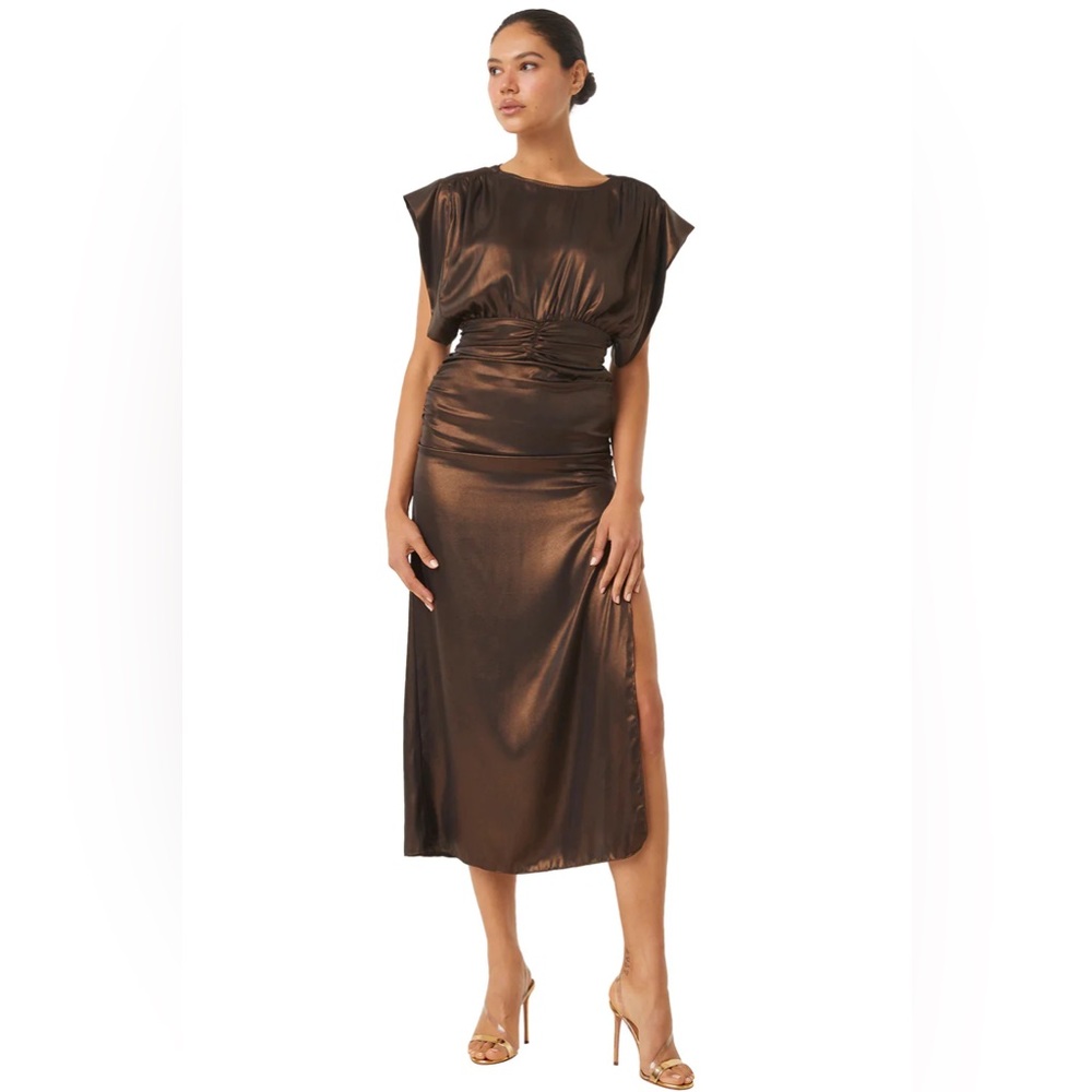 NWT MISA Los Angeles Charlize Bronze Metallic Ruched Midi Dress Size Small